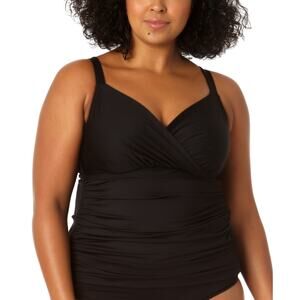 ANNE COLE Plus Size Surplice Shirred Tankini Top 22W black